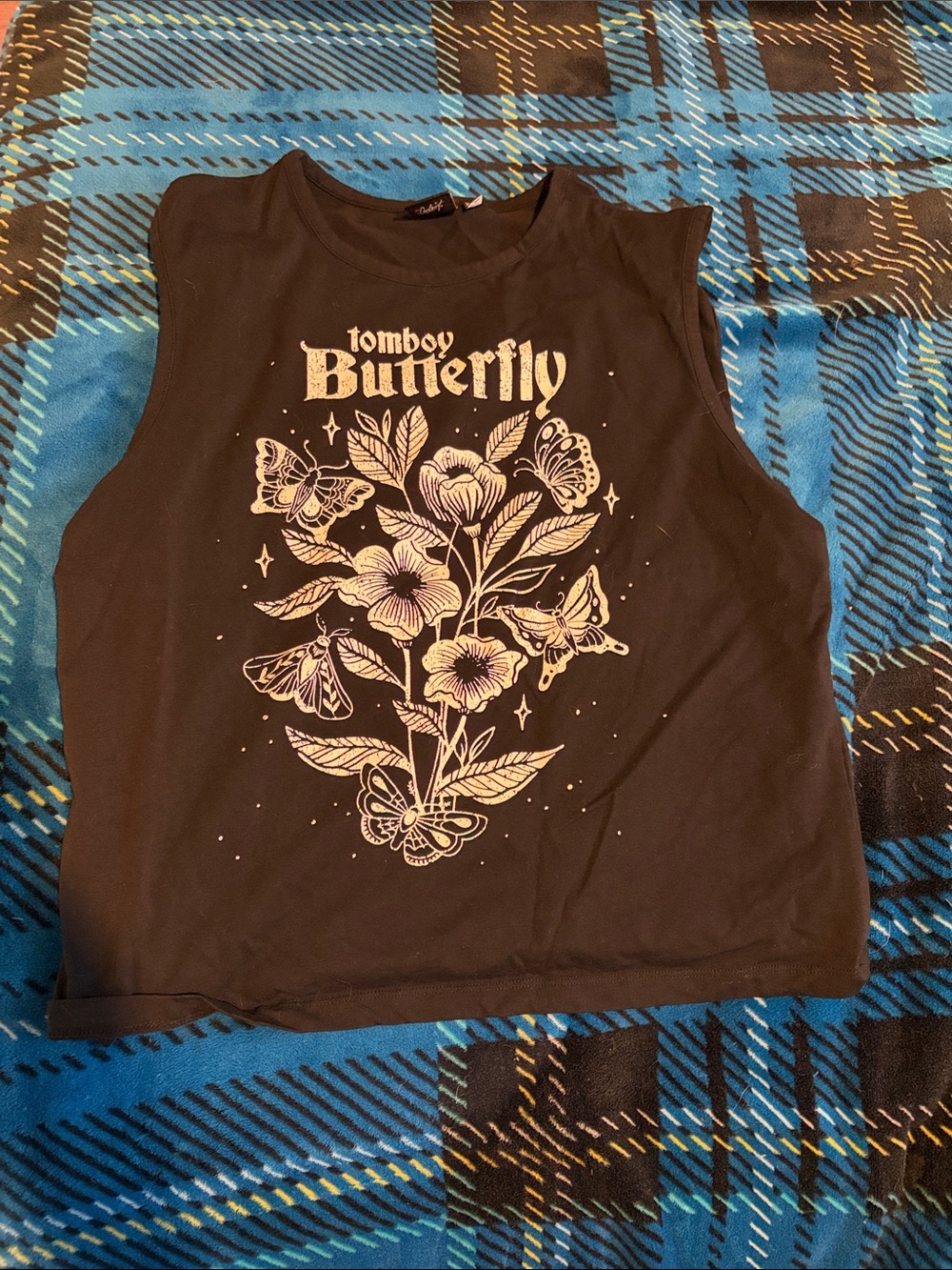 GirrlScout Tomboy Butterfly Graphic Muscle Tank - Black with Cream Print